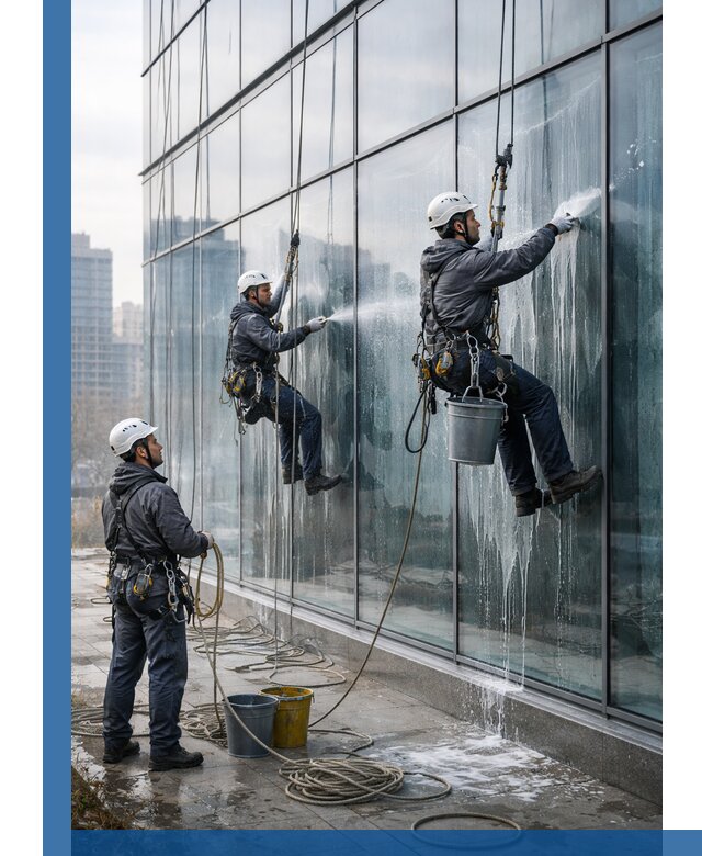 Промышленная мойка панорамных окон на высоте в Лесне