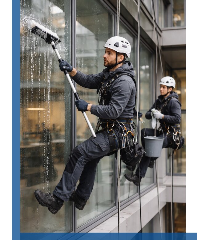 Профессиональная мойка витражей промышленными альпинистами в Лесне