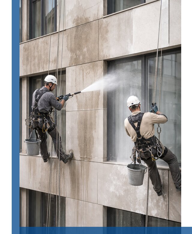 Послестроительная мойка фасада промышленным альпинизмом в Лесне