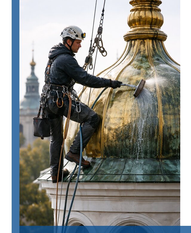 Профессиональная мойка куполов и шпилей высотными альпинистами в Лесне