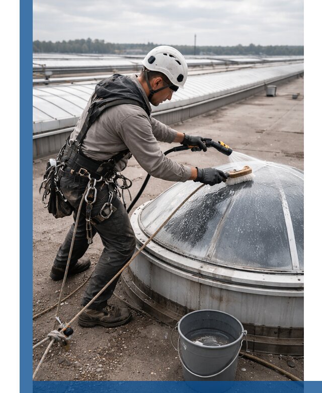 Мойка зенитных фонарей на кровле для промышленных объектов в Лесне