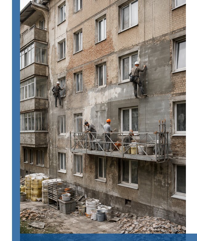 Капитальный ремонт фасада в Лесне с восстановлением и гидроизоляцией