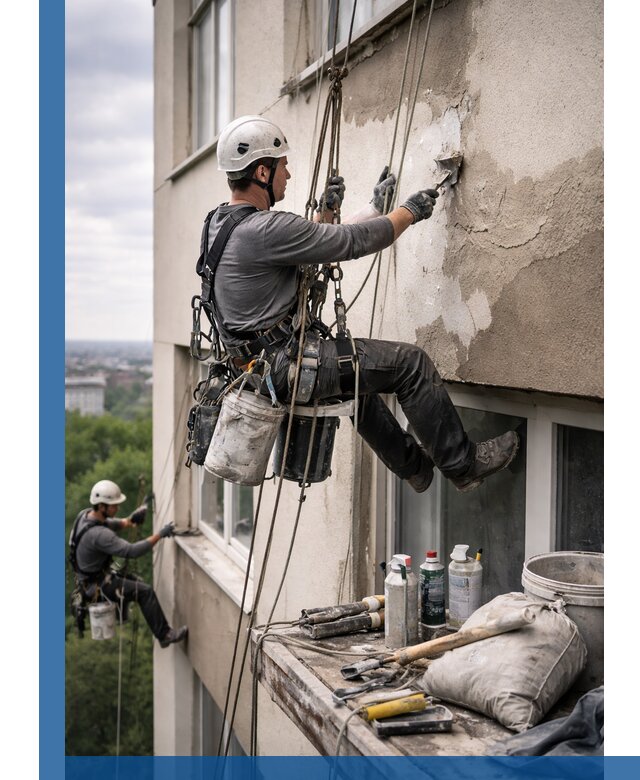 Косметический ремонт фасада зданий в Лесне промышленными альпинистами