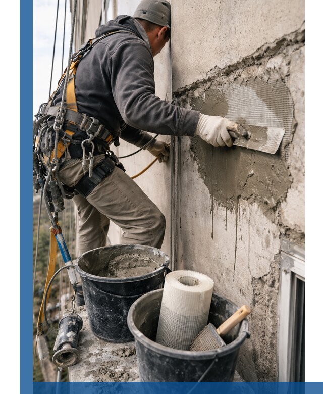 Ремонт бетонных элементов фасада промышленными альпинистами в Лесне