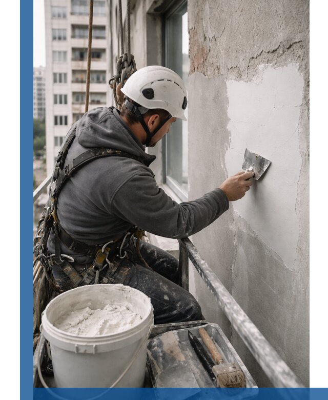 Шпаклевка фасадов на высоте с промальпинистами в Лесне