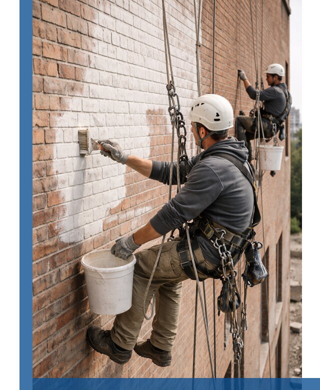 Покраска кирпичного фасада с доступным альпинистским сервисом в Лесне