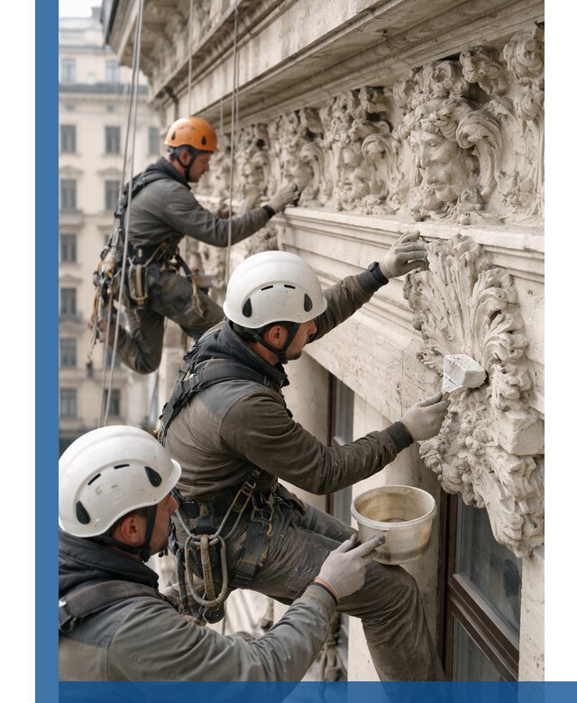 Реставрация фасадной лепнины с высотными работами в Лесне