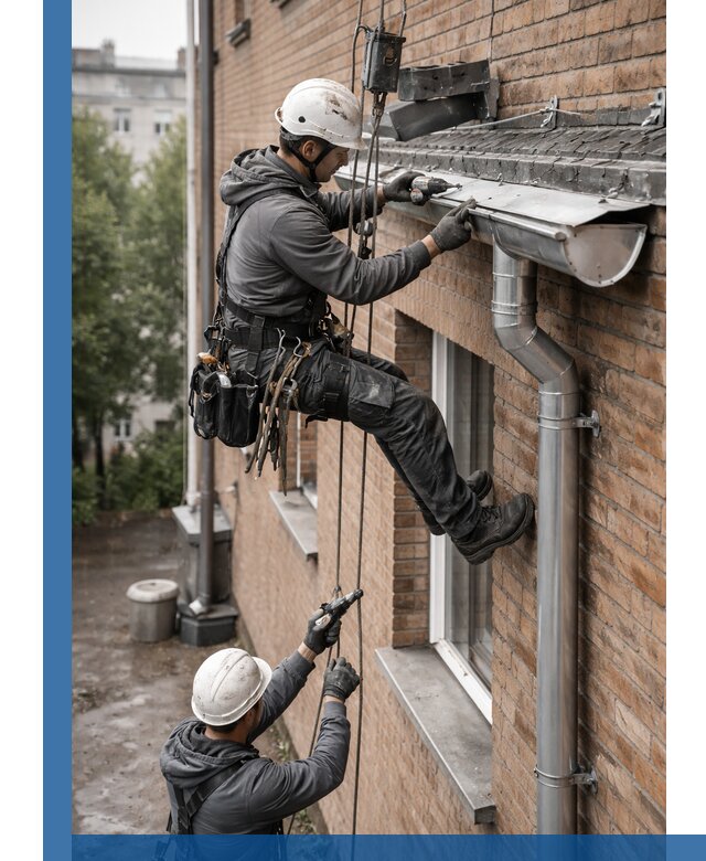 Монтаж водосточной системы на здании в Лесне под ключ