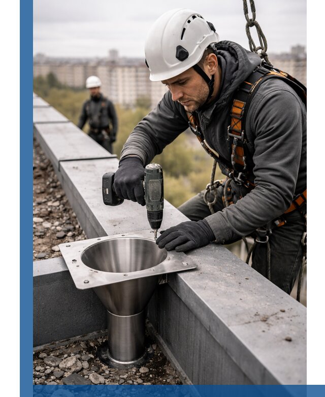 Монтаж водосточных воронок в Лесне для промышленных зданий