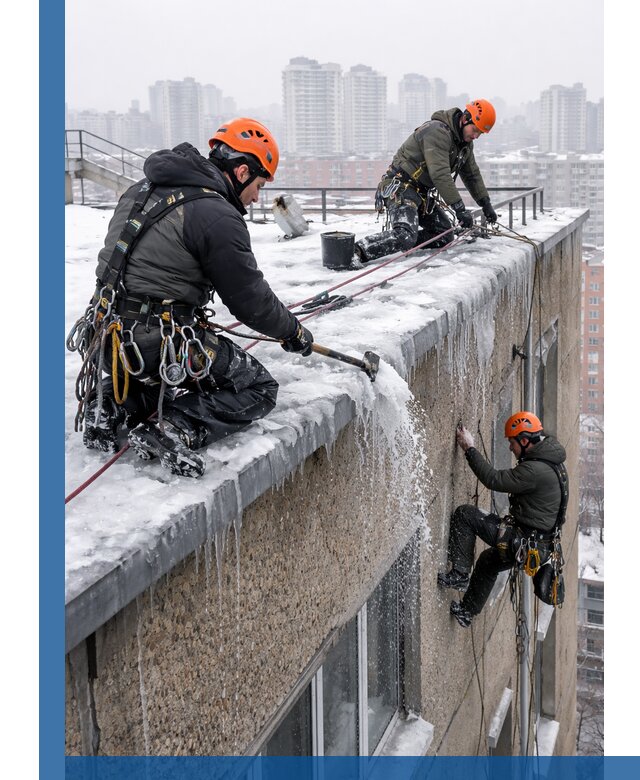 Удаление наледи с кровли в Лесне промышленными альпинистами