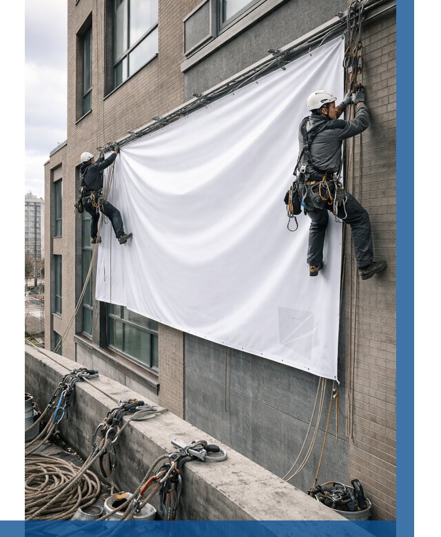 Монтаж баннеров на фасаде в Лесне от 676 р. заказать ВЫСОТНИК-Лсн