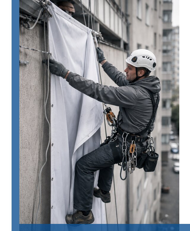 Замена баннерного полотна промышленными альпинистами в Лесне