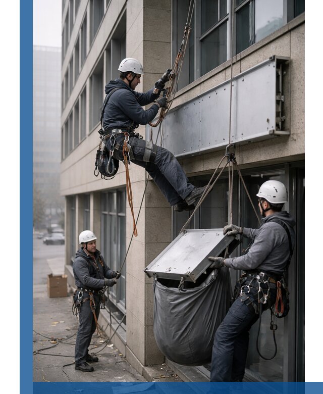 Демонтаж рекламной вывески с высотными работами в Лесне