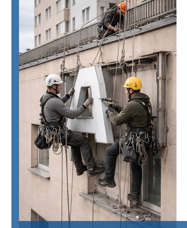 Ремонт и восстановление наружных вывесок на высоте в Лесне