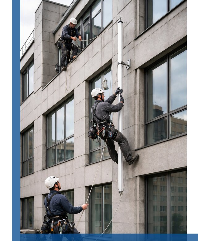 Монтаж флагштока на фасаде здания с креплением и герметикой в Лесне