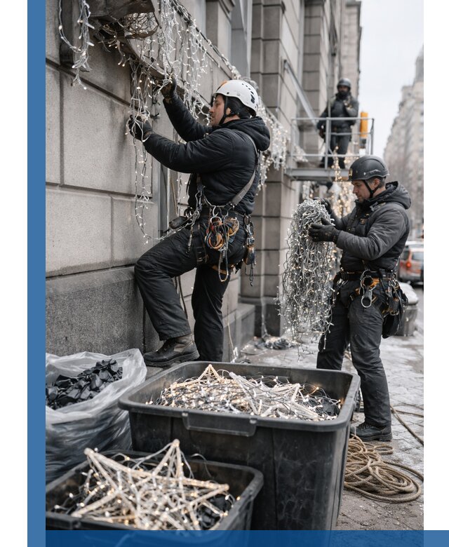 Демонтаж новогоднего оформления и гирлянд в Лесне