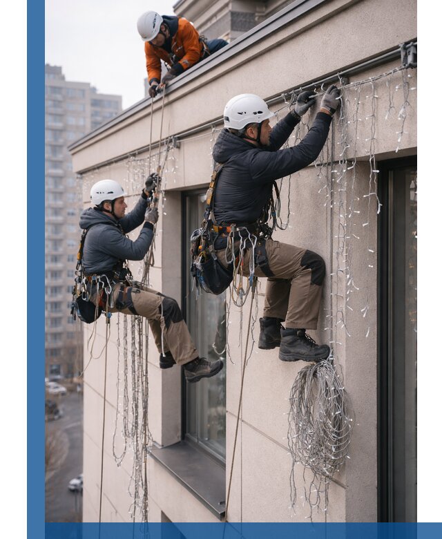 Монтаж праздничных гирлянд на фасаде в Лесне для зданий