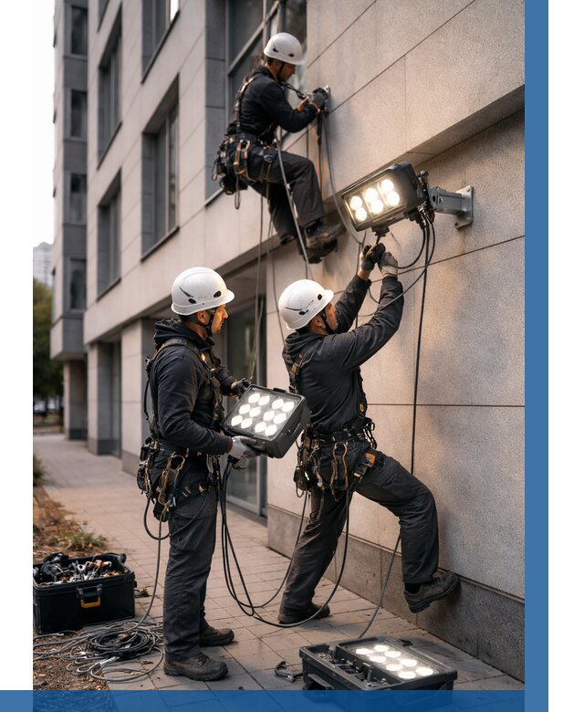 Монтаж прожекторов на фасаде в Лесне от 7796 р. | ВЫСОТНИК-Лсн