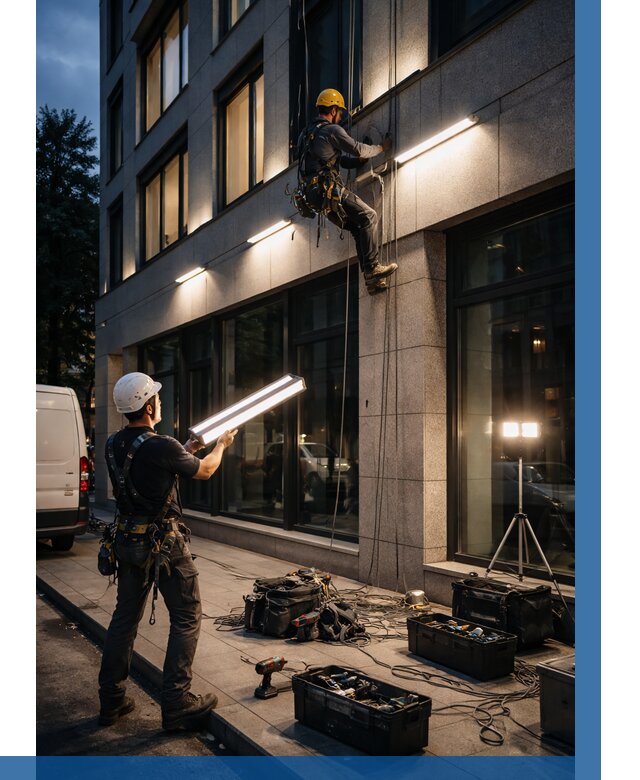 Монтаж архитектурной подсветки здания в Лесне от 2599 р.|ВЫСОТНИК-Лсн