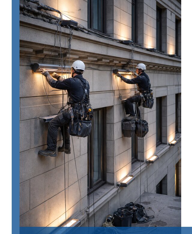 Монтаж архитектурной подсветки фасадов зданий в Лесне