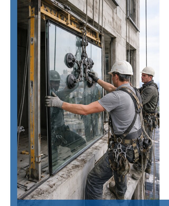 Монтаж стеклопакетов на высоте в Лесне с промышленным альпинизмом