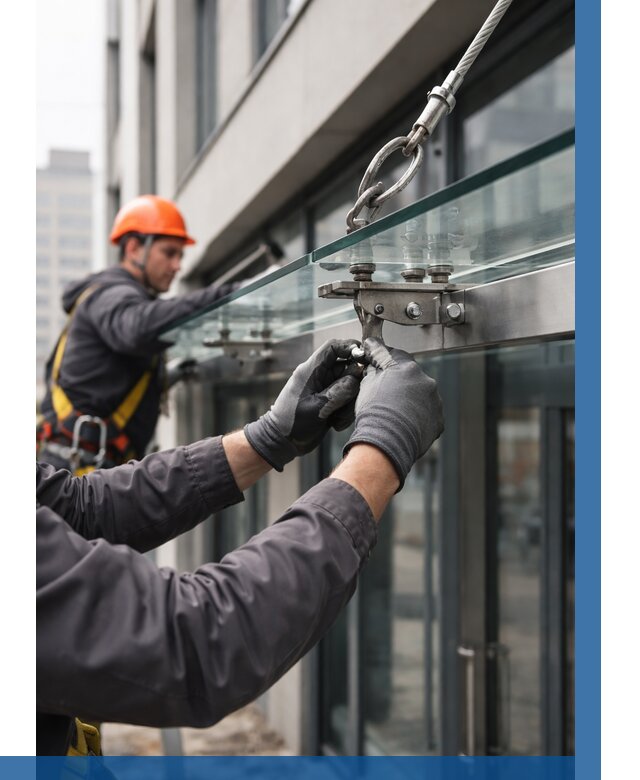 Монтаж стеклянных козырьков в Лесне от 8836 р. | ВЫСОТНИК-Лсн