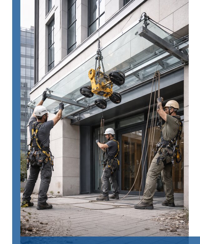 Монтаж стеклянных козырьков под ключ в Лесне для зданий