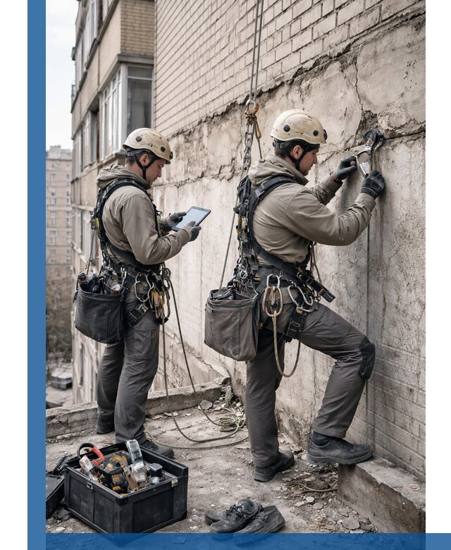 Обследование фасада промышленными альпинистами в Лесне