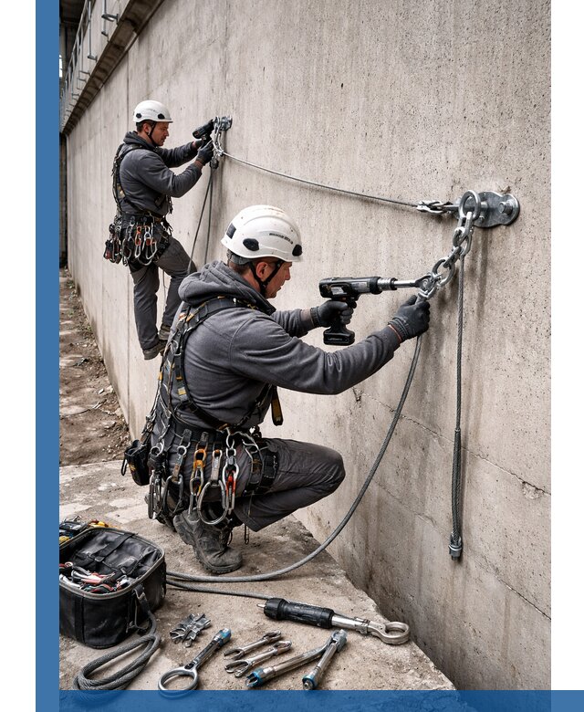 Монтаж анкерных линий высотной безопасности в Лесне